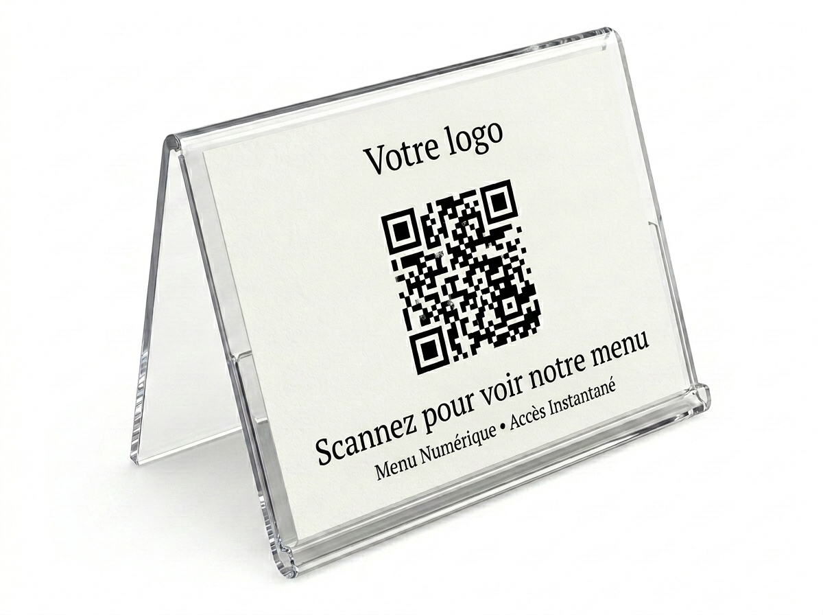Support de table transparent premium avec QR code intégré